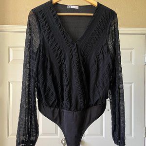 Black Faux- cross wrap front long sleeve blouse body suit